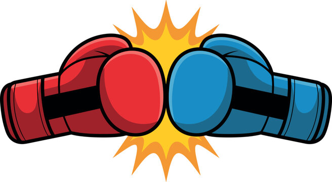 Vector cartoon illustration of red and blue boxing gloves hitting each other with a yellow comic style burst