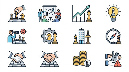 Business Strategy Icons with Chess Pieces and Symbols. © Zn