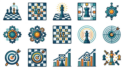 Chess board and pieces icons representing strategy and success. © Zn