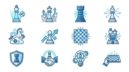 Chess game icons and symbols representing strategy and competition. © Zn