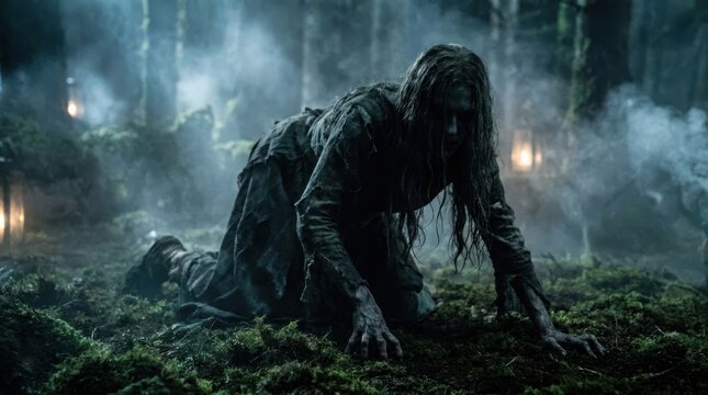 Halloween creature crawling in dark forest with halloween