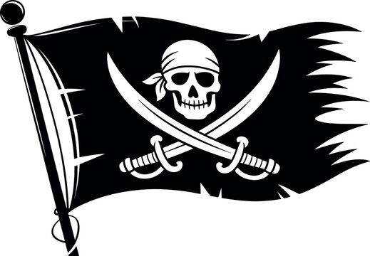 Tattered black pirate flag vector illustration with skull wearing bandana and crossed sabers on flagpole
