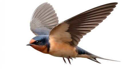 Fototapeta premium Barn Swallow in Flight: A Barn Swallow with its distinctive forked tail and reddish-brown underparts soars through the air, wings outstretched in graceful flight against a white backdrop.