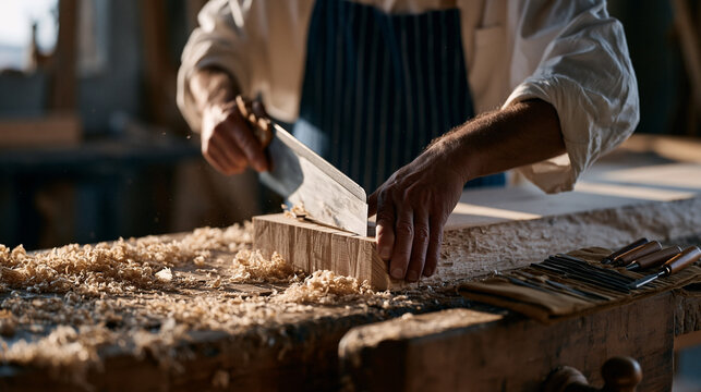 A cabinetmaker cutting precise dovetail joints on a hardwood drawer side using a hand saw guided by a marking gauge line, shavings curling across the bench, a set of chisels laid