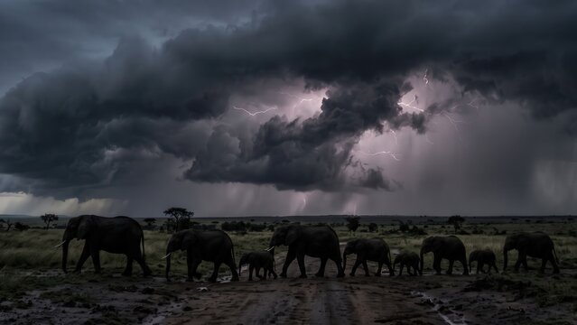 Elephant Herd in Storm &ndash; Monsoon Wildlife Silhouette