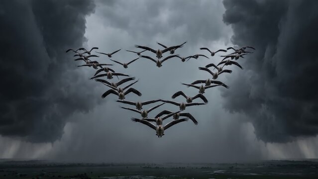Bird Flock in Storm &ndash; Dramatic Migration Flight