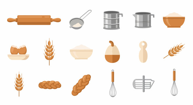 Set of baking tools and ingredients including rolling pin flour and wheat