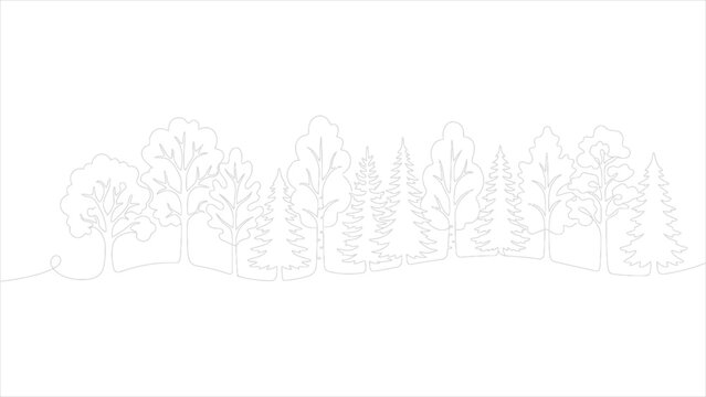 Forest Treeline Landscape and Mixed Woodland Forest Border Minimalist Continuous One Line Drawing