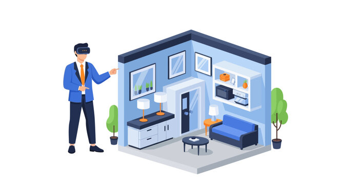 Businessman Using VR Headset for Interior Design and Virtual Home Tour Isometric Illustration