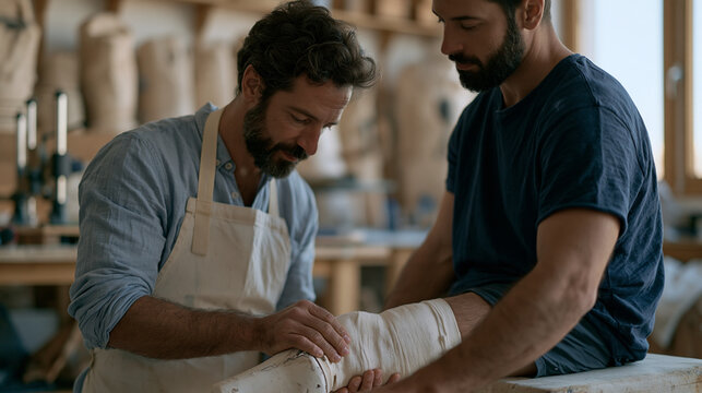 Prosthetics technician fitting trial socket component on patient residual limb in clinical workshop, alignment jig on workbench behind, patient seated on low plinth focused