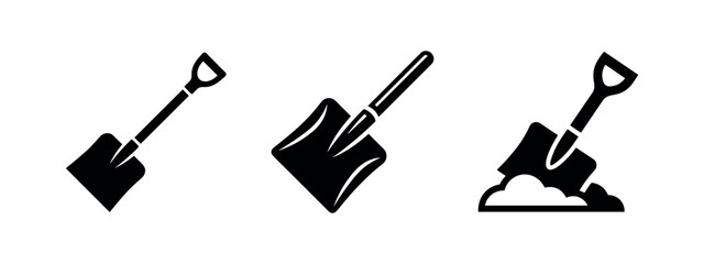 Shovel icon set, illustrating different types of shovels and one digging into the ground. © Lili