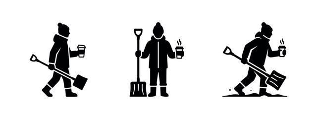 Snow shoveling man icon set, depicting a person clearing snow with a shovel and holding a hot drink. © Lili