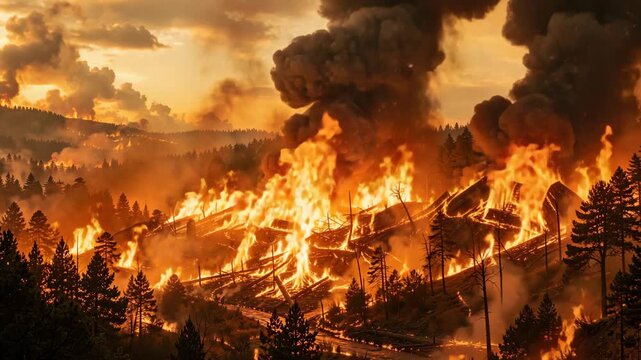 Powerful wildfires consume trees and brush in a dramatic scene of nature's fury