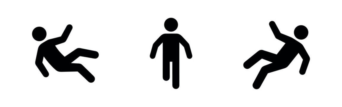 Falling and slipping person icon set, depicting an individual losing balance and a pedestrian walking.
