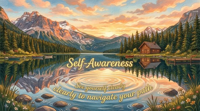 Serene mountain lake reflection at sunrise with a cabin, symbolizing self-awareness and clarity of path