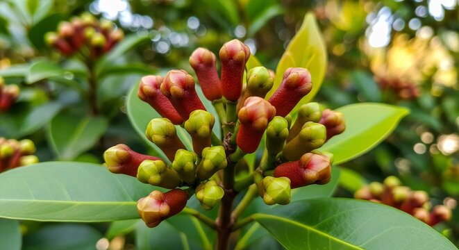 Fresh Clove Buds Growing on Clove Tree Close Up Tropical Plantation Photography
