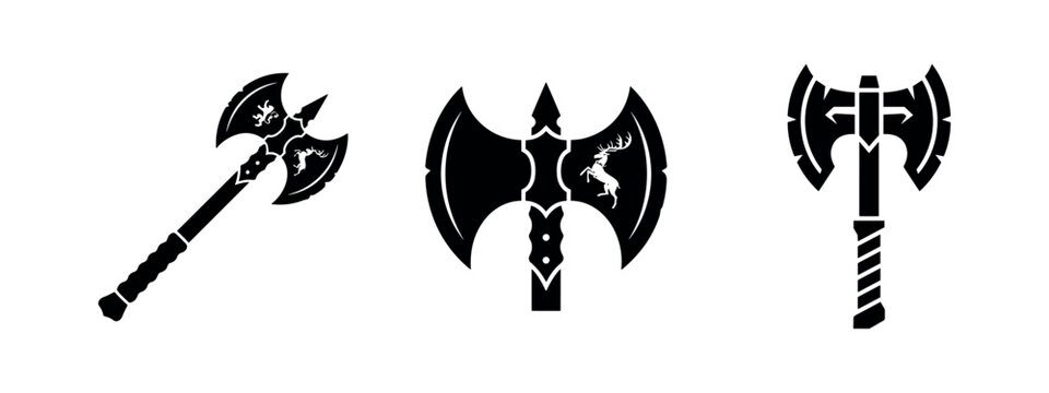 Fantasy Axe Weapon Icons. Medieval battle axes with decorative elements, ancient warfare tools.