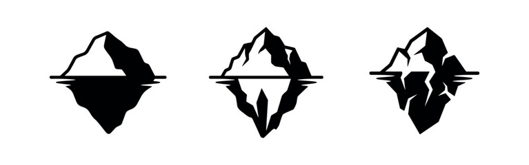 Set of three black iceberg icons with visible submerged parts representing a hidden problem or danger © Lili