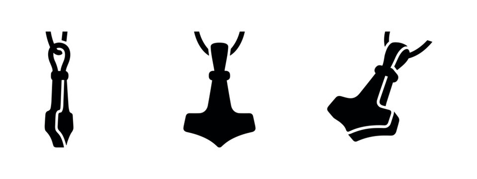 Mjolnir Pendant Icons Set. Thor's Hammer Amulet Collection. Norse Mythology Symbol Silhouettes for Jewelry Design