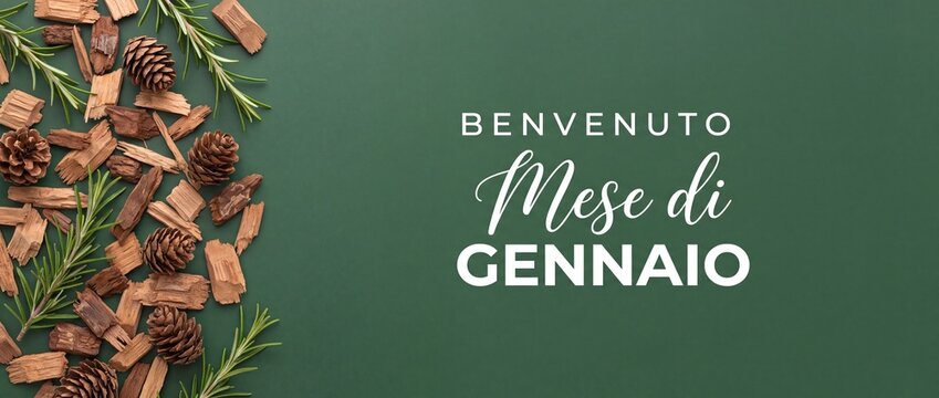 Benvenuto Gennaio Italian Winter Greeting banner background with pine cones, rosemary herbs, and wood chips on dark green layout, elegant seasonal flat lay header for January welcome celebrations.