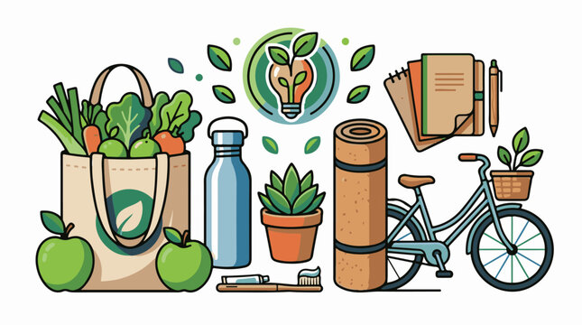 Sustainable living items groceries bike yoga mat and eco-friendly essentials