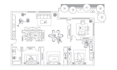 Obraz premium Detailed Architectural House Floor Plan with Furniture and People – Black and White Apartment Layout Top View Vector Illustration