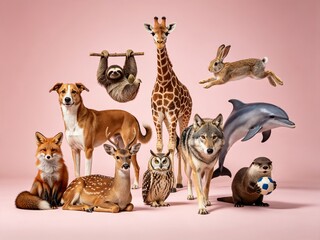 Obraz premium Domestic and Wild Animals Dog Giraffe Deer Sloth Fox Wolf Rabbit Dolphin on Pink Background 