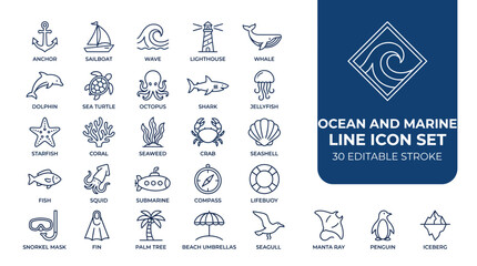 Ocean and Marine Life Line Icons – Editable Stroke Set © salar