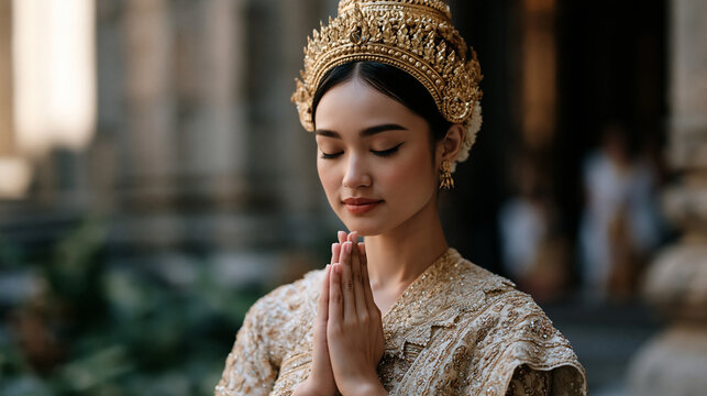 A Thai classical dancer holding a precise mudra hand gesture in a temple courtyard, elaborate gold headdress catching afternoon light, intricate embroidered costume blurring