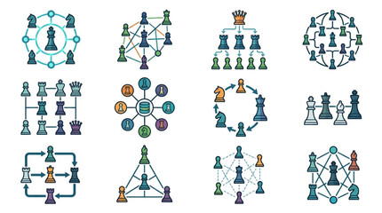 Chess Pieces Network Connections and Strategy Concepts. © Yu