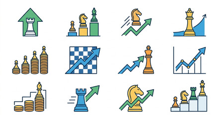 Chess Pieces and Business Growth Charts Icons Set. © Yu