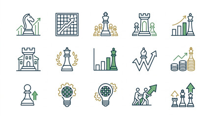 Chess Pieces and Business Growth Icons Representing Strategy and Success. © Yu