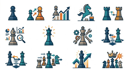 Chess Pieces and Business Strategy Icons. © Yu
