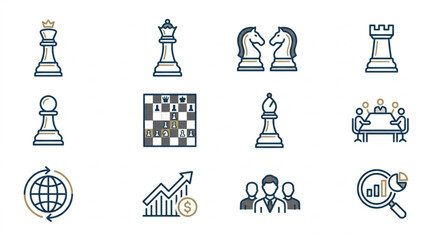 Chess Pieces and Business Icons Representing Strategy and Success. © Yu