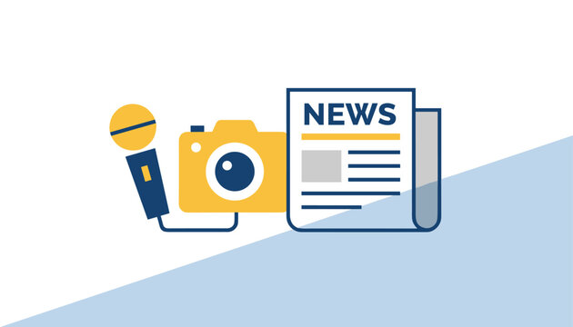 Mass media and professional journalism concept featuring a printed newspaper, yellow camera, and blue microphone.
