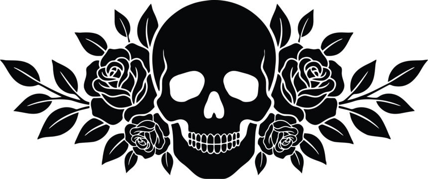 Black silhouette skull with roses floral design gothic vector illustration