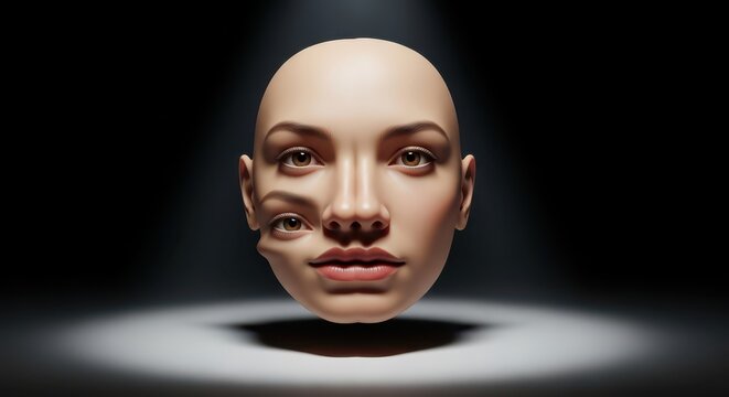 Surreal Bald Woman's Head with Multiple Eyes Appearing Distorted, Mysterious and Psychological Concept Art