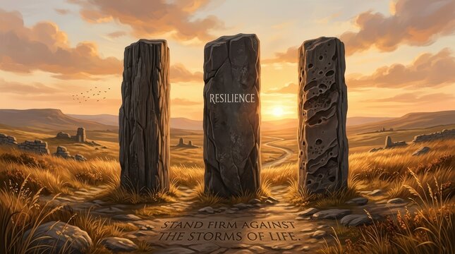 Symbolic ancient stone monoliths in a golden sunset landscape with the word RESILIENCE etched on one, representing strength and perseverance.