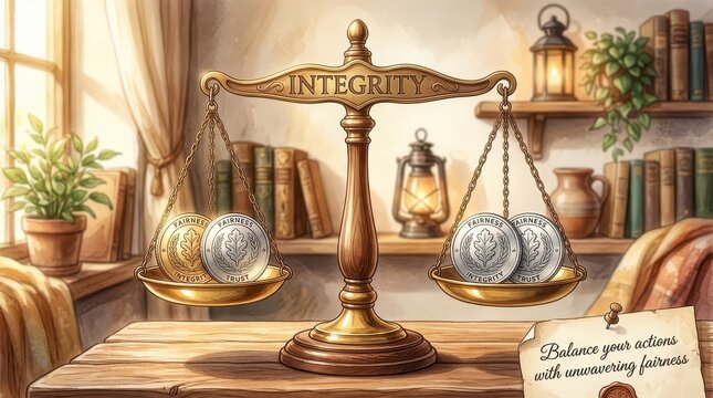 Symbolic Scales of Justice and Integrity with Coins, Books, and Lanterns - Concept of Fairness and Balance