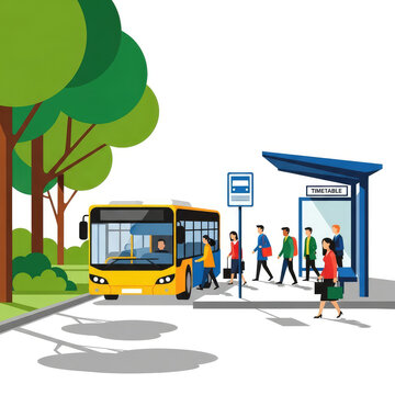 Yellow City Bus Arriving at Blue Bus Stop With Passengers Waiting Under Timetable Sign