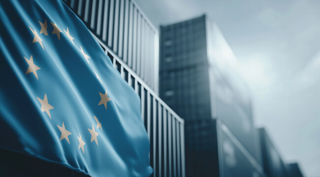 European union flag on shipping containers with modern glass skyscraper standing in background