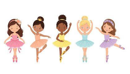 Ballerina girl vector illustration set featuring cute little ballet dancers in colorful tutus and pointe shoes. © Creative Studio 
