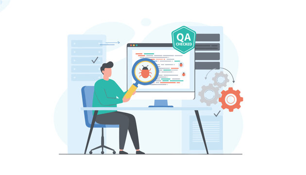 Software QA tester holds a giant magnifying glass to find bugs on a computer screen, ensuring quality assurance check.