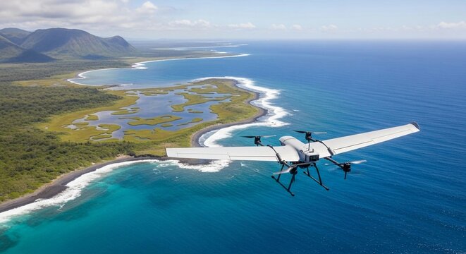 Advanced drone flying over a scenic tropical coastline with lush green islands and turquoise blue ocean waters.