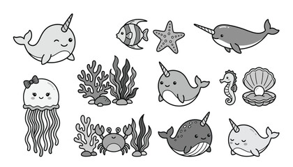 Narwhal sea vector illustration set featuring cute jellyfish, starfish, seahorse, crab, coral reef and underwater life elements. © Creative Studio 