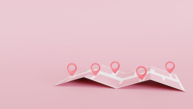 Minimalist pink folded paper map with location pin pointers on pastel pink background 3d rendering travel concept