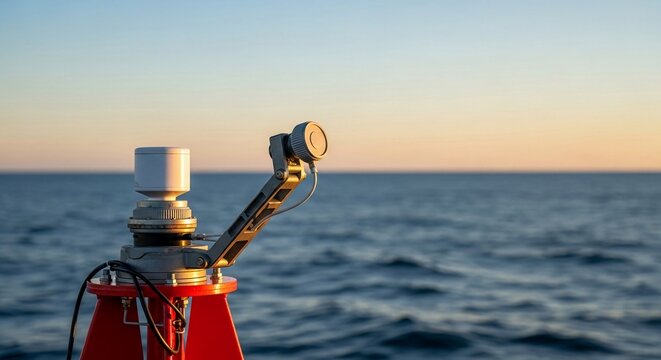 Advanced marine sensor technology collecting vital ocean data against a serene sunset horizon