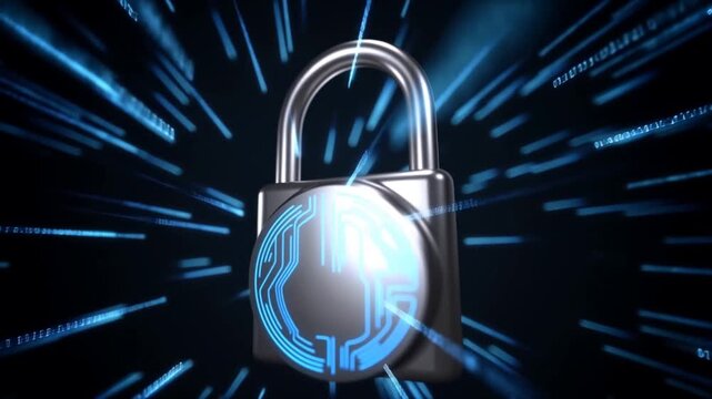 Tracking shot of digital padlock moving forward through streaming binary data in virtual space
