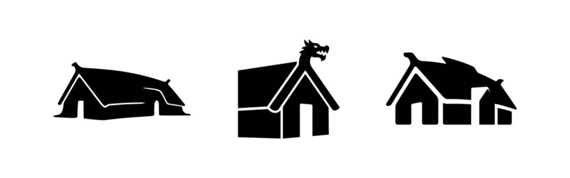 Viking Longhouse Icons Set. Medieval Dwelling House Symbol with Dragon Ornament. Ancient Nordic Building.