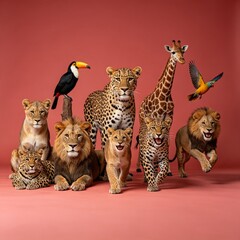 Obraz premium Toucan Giraffe Lions Leopards and Cubs on Coral Red Studio Background 